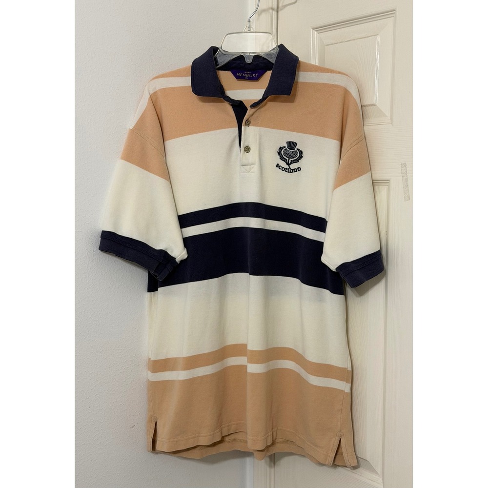 Henbury H282 Mens XL Polo Shirt Scotland Thistle Crest Striped Navy Tan Cream